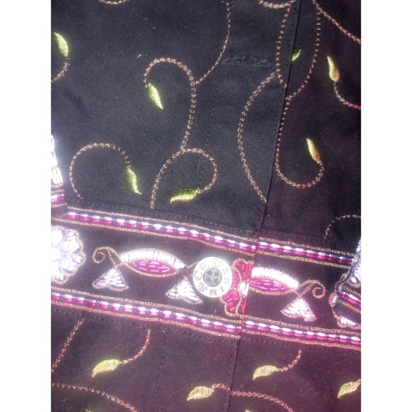 Vtg Denim & Co Blk Denim Trench Coat Embroidered Floral Multicolor‎ Small - Picture 4 of 9
